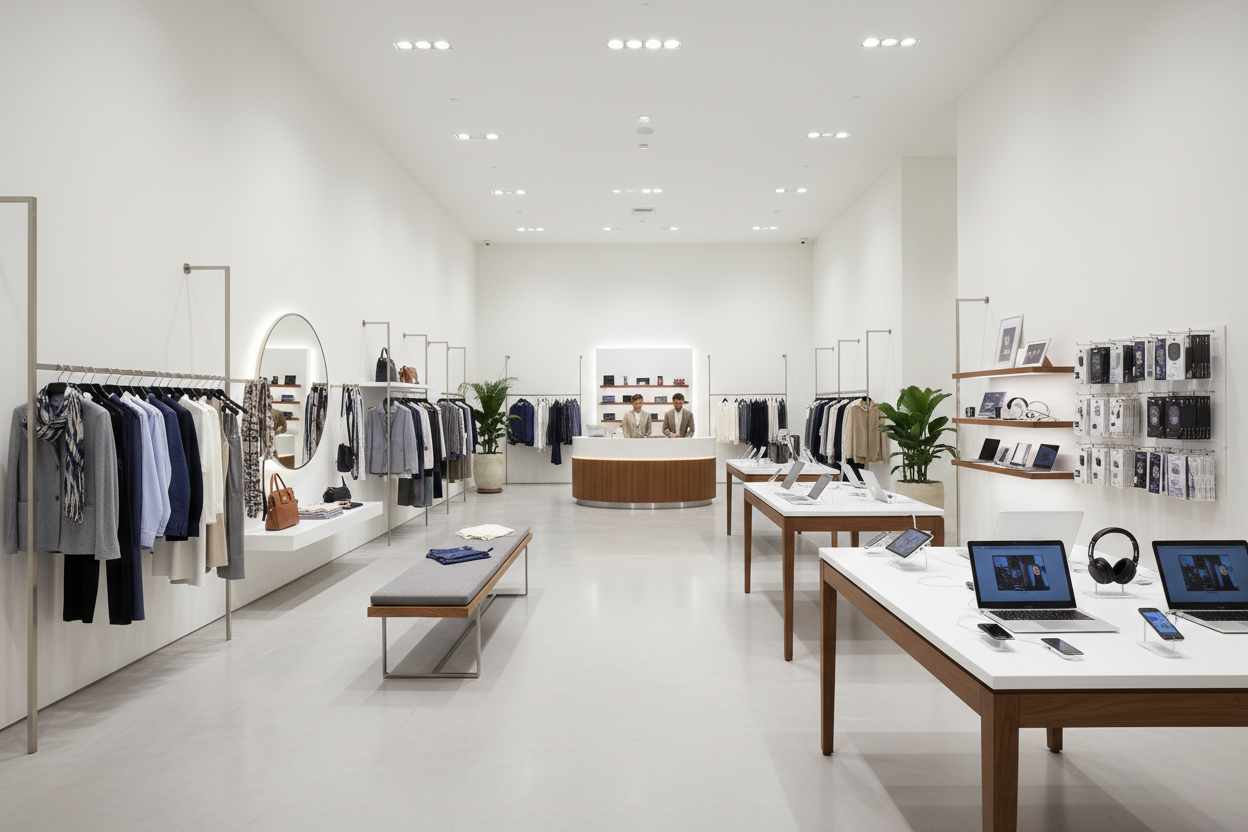 a clean and proffesional shop with items of cloth and tech